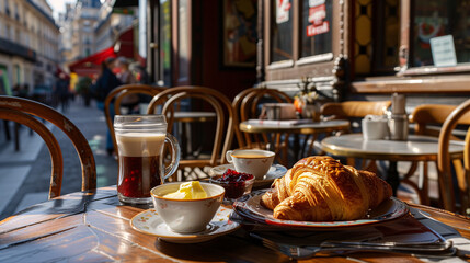 a classic French breakfast, including a freshly baked croissant, a baguette with butter and jam, and a café au lait, set against a Parisian café backdrop
