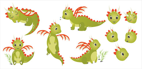 Set of cute baby elements with dino on white background