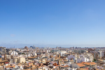Aerial drone photo of the city centre of the Spanish city of Valencia in the Summer time showing an aerial view of the historical old buildings in the centre on a sunny day