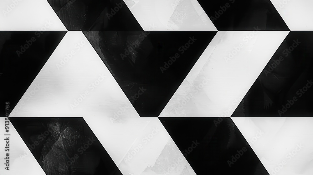 Leinwandbilder The image shows a close-up of a black and white geometric pattern tile floor. The tiles are arranged in a repeating pattern of triangles, creating a sense of depth and movement. The black and white co