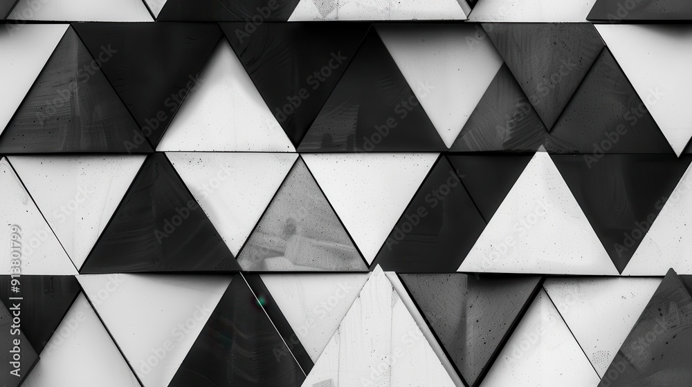 Leinwandbilder A close-up of a wall constructed of black and white triangular panels, creating a geometric pattern. The panels are smooth and reflective, capturing the light and creating subtle shadows. The composit