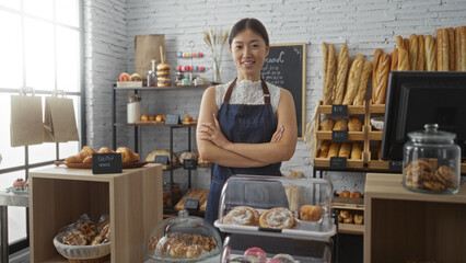 Young chinese woman in bakery shop with various breads and pastries, standing confidently with arms crossed wearing apron in china, indoor setting