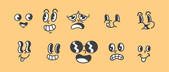 Set of Unique Cartoon Face Expressions with Different Emotions - Vector Illustration of Funny and Sad Faces with Sunglasses, Googly Eyes, and Various Mouths - Perfect for Emojis, Stickers, etc