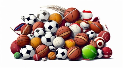 Variety of sports balls piled together on white background: football, basketball, baseball,...