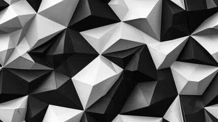 Fototapeta premium A close-up image of a geometric wall pattern with black and white triangular shapes. The light and shadow interplay create depth and texture within the repeating pattern.