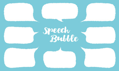 Fototapeta premium Set of hand drawn style cute memo sticker with blue background. Variety abstract shapes of white speech bubble. Crayon draw style frame . Chat box balloon cloud.Retro blank label tag vector for text