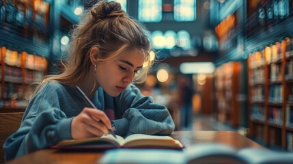  A woman sits at a table in a library, book in hand and another open before her