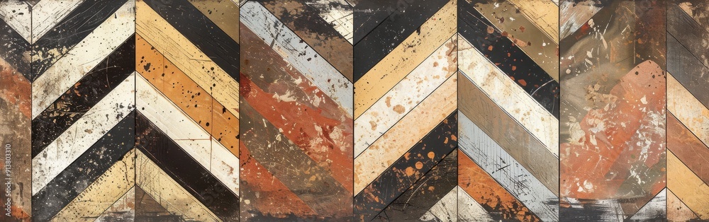 Poster A close-up of a chevron patterned wood floor with a distressed finish. The floor is made of various shades of brown, black, and white wood planks. The planks are arranged in a chevron pattern, creatin