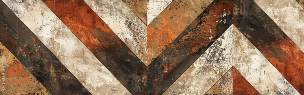 Poster A close-up image of a rustic wood pattern featuring alternating chevron shapes in brown, white, and orange tones. The wood has a weathered and distressed look with subtle variations in color and textu