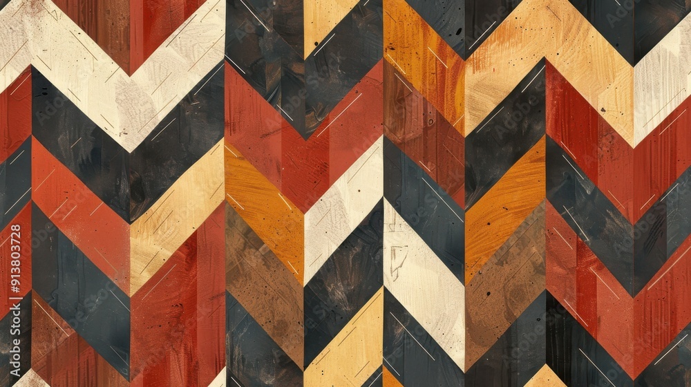 Poster A repeating geometric pattern of chevron shapes, each crafted from wood in different colors and grains. The design is abstract and modern, showcasing the natural beauty of wood.