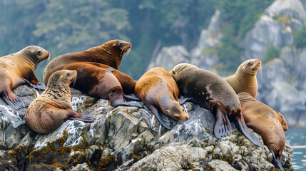 Fototapeta premium Sunbathing sea lions rest on rocks, enjoying the warmth of the sun on a sunny day.