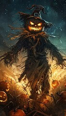 Spooky Scarecrow with Jack-O'-Lantern Head in Pumpkin Field Under Starry Night Sky for Halloween Poster