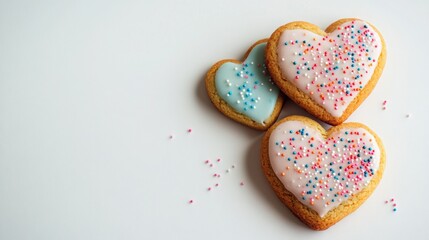 Obraz premium Heart-Shaped Cookies: Heart-shaped cookies with colorful icing and sprinkles.