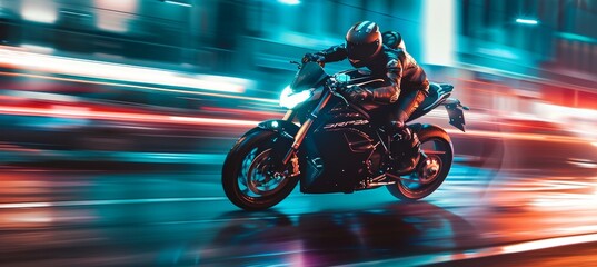 Obraz premium Urgent Motorcycle Getaway at Dusk - City Lights in Background, Crime Scene Escape, Speed and Thrill