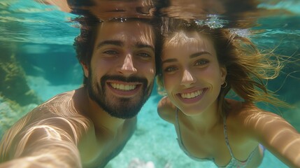 A vibrant underwater selfie of a joyful couple, sharing a moment surrounded by crystal-clear waters.