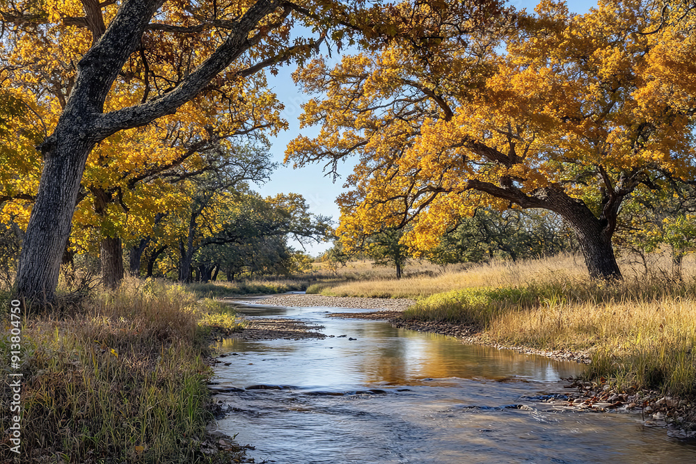 Canvas Prints Tranquil Autumn Landscape with Oak Trees and Flowing Creek  