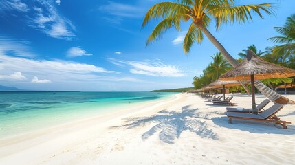 A stunning white sandy beach with palm trees and clear blue water in the background