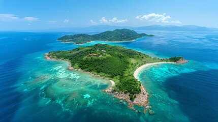  An aerial perspective of an island surrounded by ocean, featuring two smaller isles in its waters