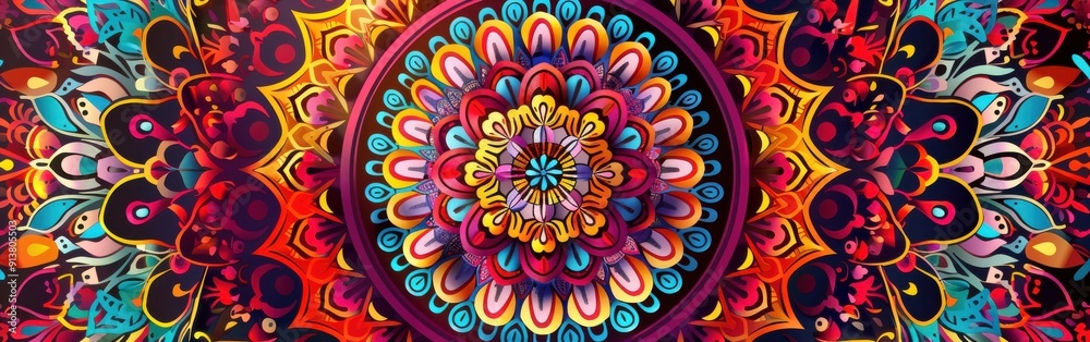 Poster a close-up of a colorful mandala pattern. the mandala features vibrant hues of red, yellow, orange, 