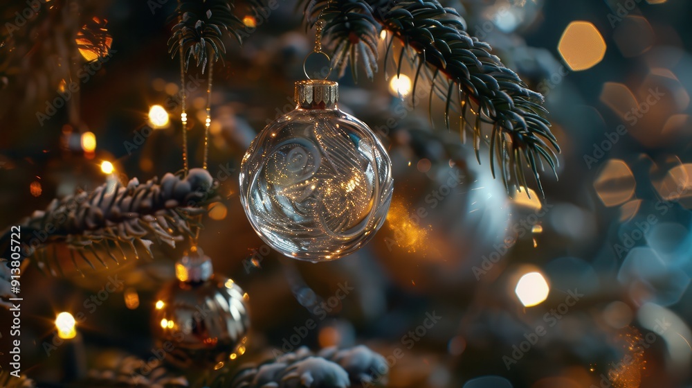 Poster a clear glass ornament hangs from a branch on a christmas tree. the ornament reflects the twinkling 