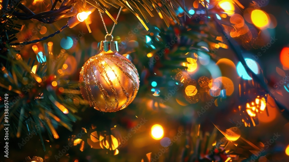 Aufkleber A gold Christmas ornament with a sparkling texture hangs on a Christmas tree. The ornament is illuminated by string lights, creating a warm glow. Other ornaments and string lights are blurred in the b