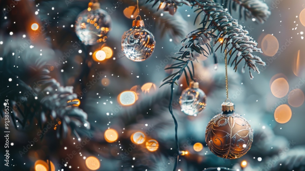 Aufkleber A shiny gold Christmas ornament hangs from a pine branch, with snow softly falling around it. Other ornaments and string lights can be seen in the background, creating a warm and festive atmosphere.