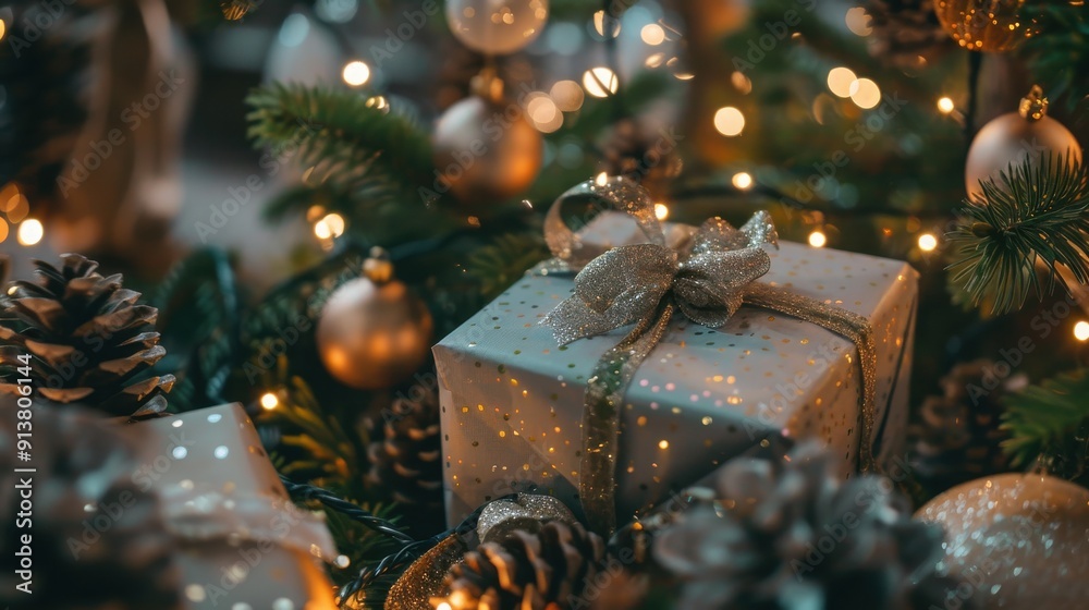 Poster a silver gift box sits under a pine tree, wrapped in silver paper with a matching silver ribbon. the