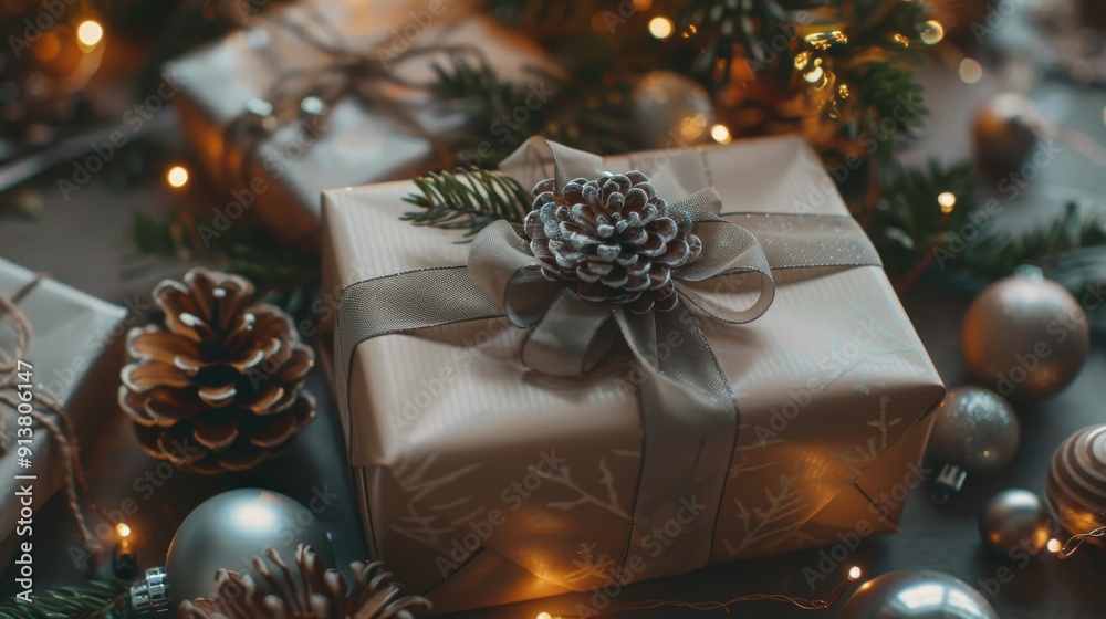Poster a beautifully wrapped christmas present sits on a table surrounded by pine cones, ornaments, and twi