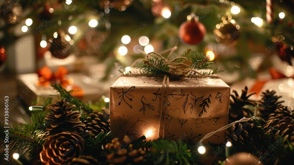 Poster a single wrapped gift, decorated with a sprig of evergreen and twine, sits among pine cones under a 
