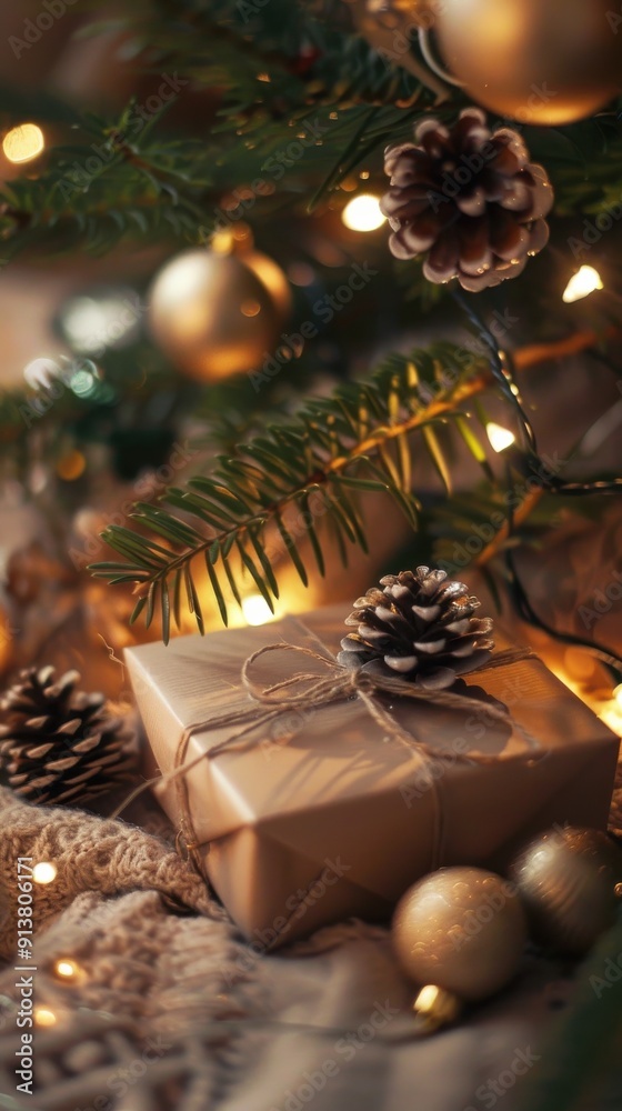 Poster a wrapped christmas gift sits beneath a decorated christmas tree. the gift is tied with twine and ad