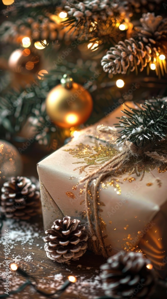 Poster a gift wrapped in cream paper with gold glitter and tied with twine sits under a decorated christmas