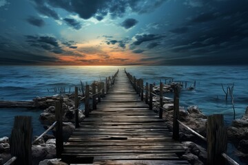 Fototapeta premium Wooden pier leading into a stunning sunset over the ocean with dramatic clouds