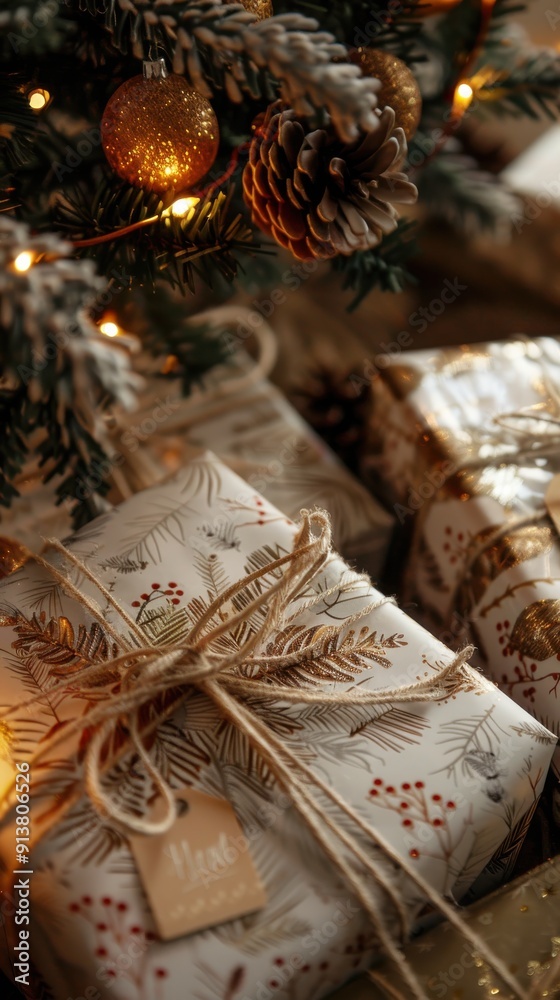 Poster several christmas gifts wrapped in patterned paper are neatly placed under a christmas tree with orn