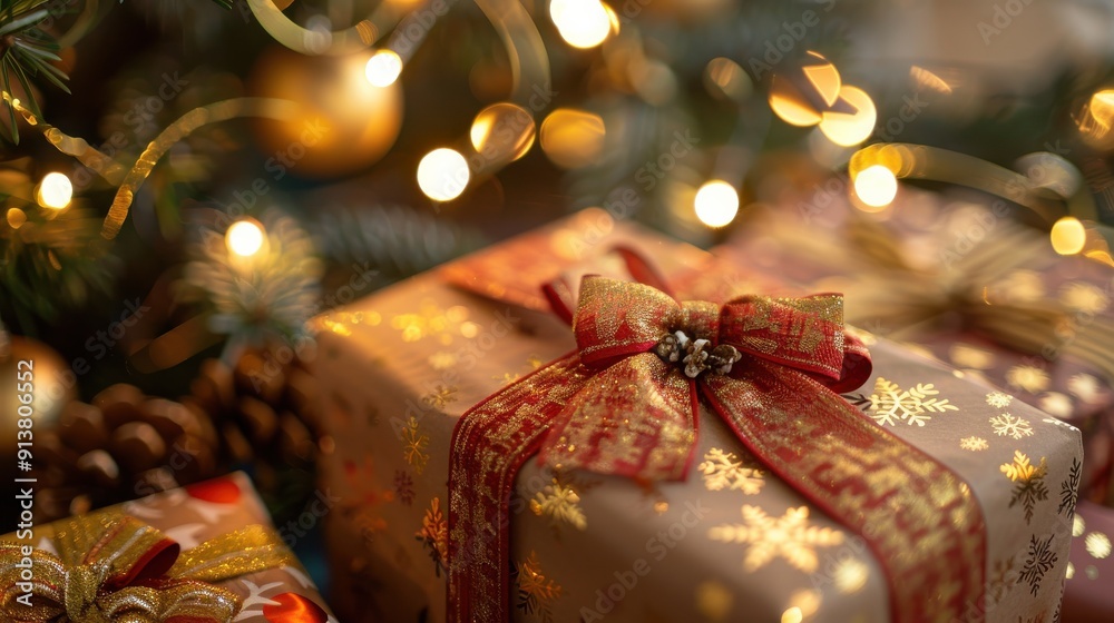 Poster a wrapped christmas present with a red bow and gold snowflake pattern sits beneath a christmas tree 