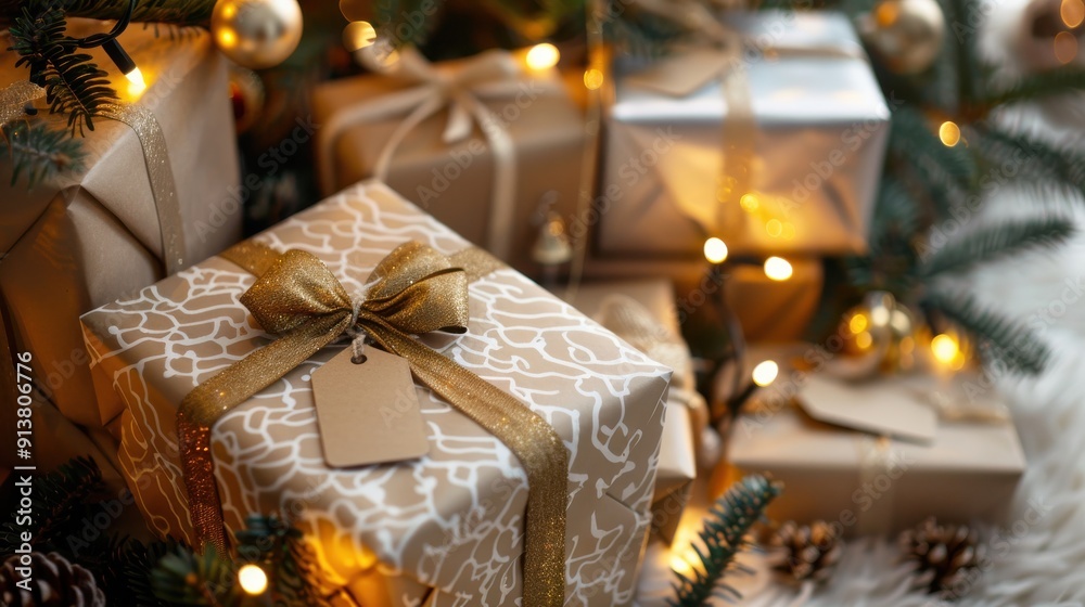 Poster a close-up view of wrapped christmas presents sitting underneath a christmas tree decorated with lig