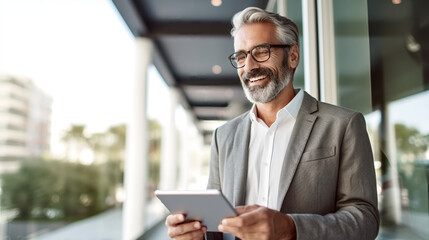 A smiling businessman in his forties holding an iPad, dressed smartly and wearing glasses with gray hair, stands on the balcony of a modern office space.