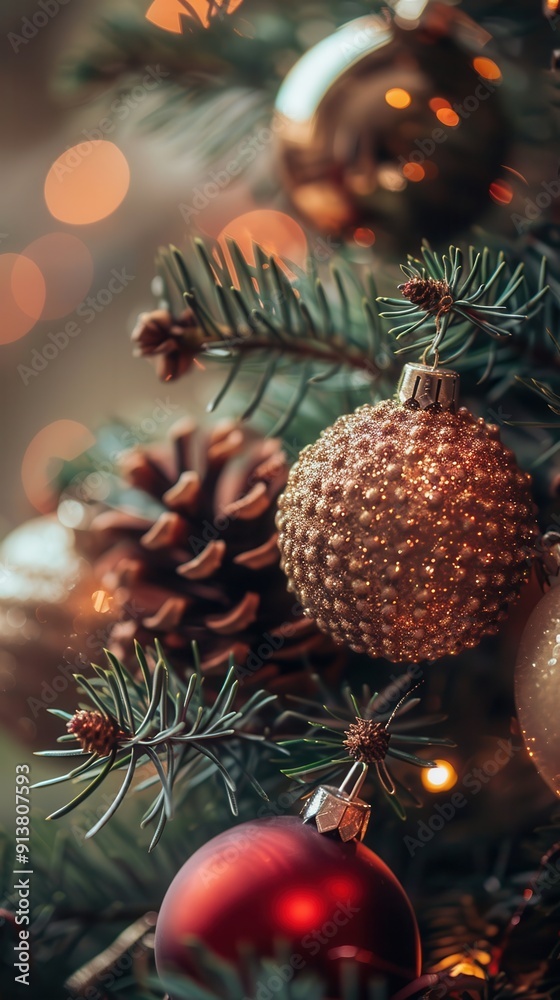 Poster a close-up of a christmas tree branch with a gold and a red ornament hanging on it. a pine cone sits