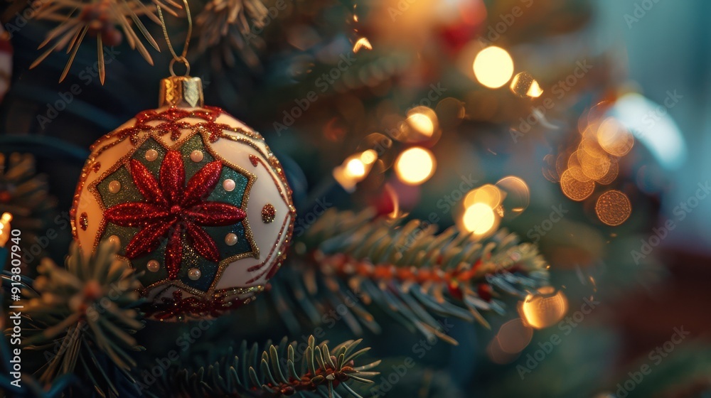 Poster a close-up image of a christmas ornament hanging on a decorated christmas tree. the ornament is whit