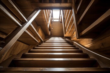 Upward view of a wooden staircase with a modern design, illuminated by ambient light