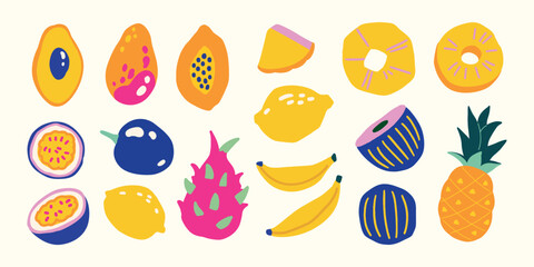 Exotic flowers leaves and fruits hand drawn cute simple jungle illustration collection Modern simple clip art set for children books stationery banners and social media