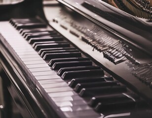 Piano and music keys featuring elements like piano keys, sheet music, and musical notes representing music composition, performance, and creativity.
