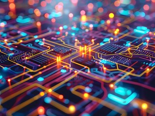 Fototapeta premium Abstract digital circuit board background with glowing neon lights, showcasing intricate technology patterns and modern electronic design.