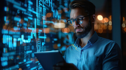A digital infographic with a globe, graphs, and statistical data representing global financial trends