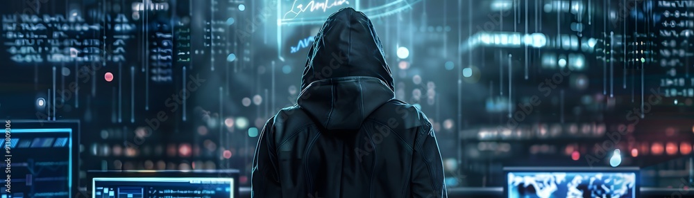 Poster anonymous hacker in dark hoodie working on multiple computer screens, high-tech cityscape background