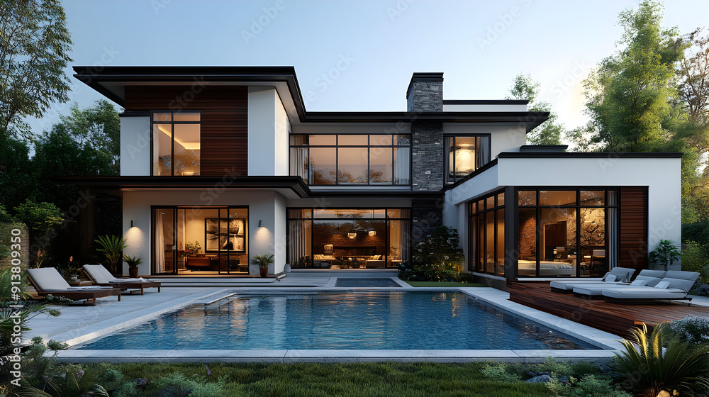 Canvas Prints Modern home with pool and patio at dusk.