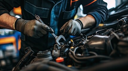 Obraz premium Auto mechanic working in auto repair shop. Car service and maintenance concept