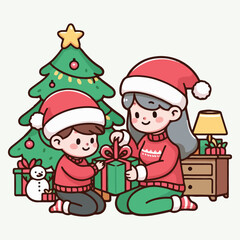 Young mother giving her son a gift for Christmas. Cartoon, color, simple, outline, plain background. Holiday season New Year.