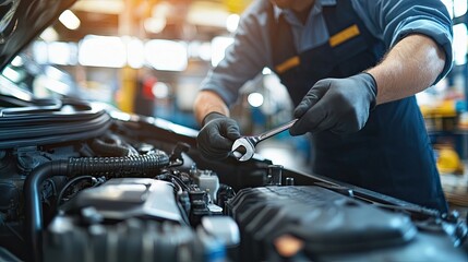 Obraz premium Auto mechanic working in auto repair shop. Car service and maintenance concept