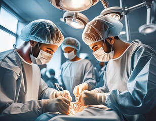 Surgery room with medical equipment and doctors performing an operation, emphasizing precision, care, and advanced healthcare. Ideal for topics related to medicine, healthcare, and surgery.