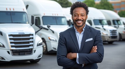 A confident African-American truck fleet executive stands proudly in front of his fleet, symbolizing leadership and industry success.